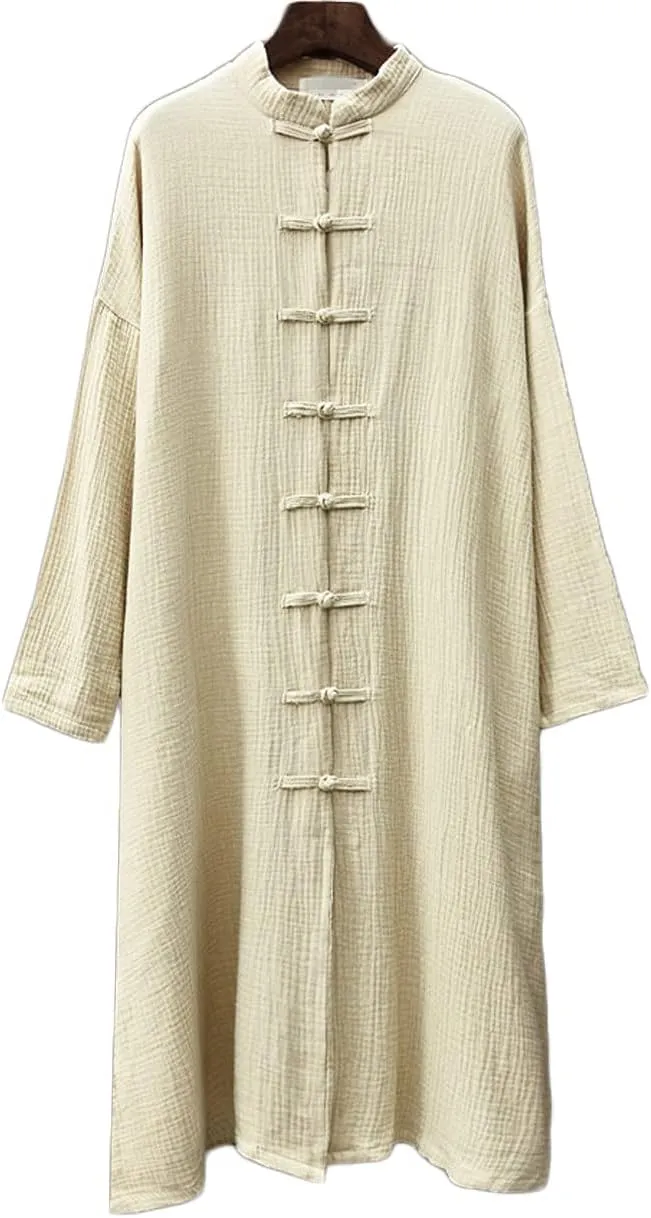 Women's Cotton Linen Long Loose Kimono Cardigans Coat Long Sleeve Full Front Chinese Frog Buttons Trench Jacket