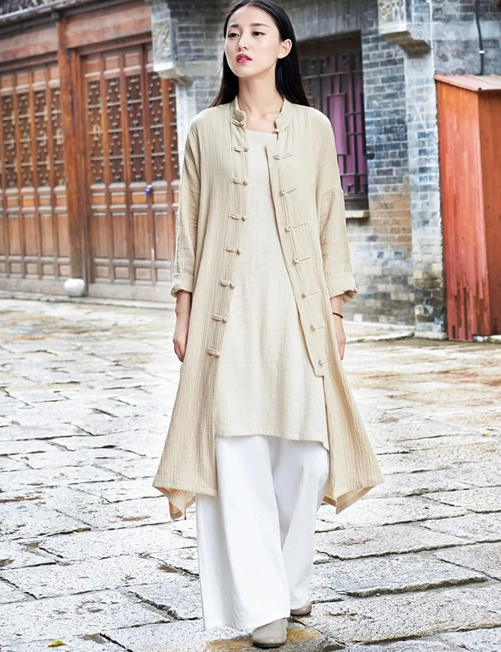 Women's Cotton Linen Long Loose Kimono Cardigans Coat Long Sleeve Full Front Chinese Frog Buttons Trench Jacket