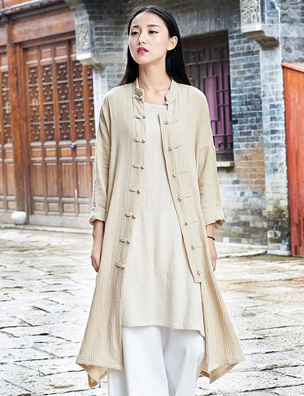 Women's Cotton Linen Long Loose Kimono Cardigans Coat Long Sleeve Full Front Chinese Frog Buttons Trench Jacket