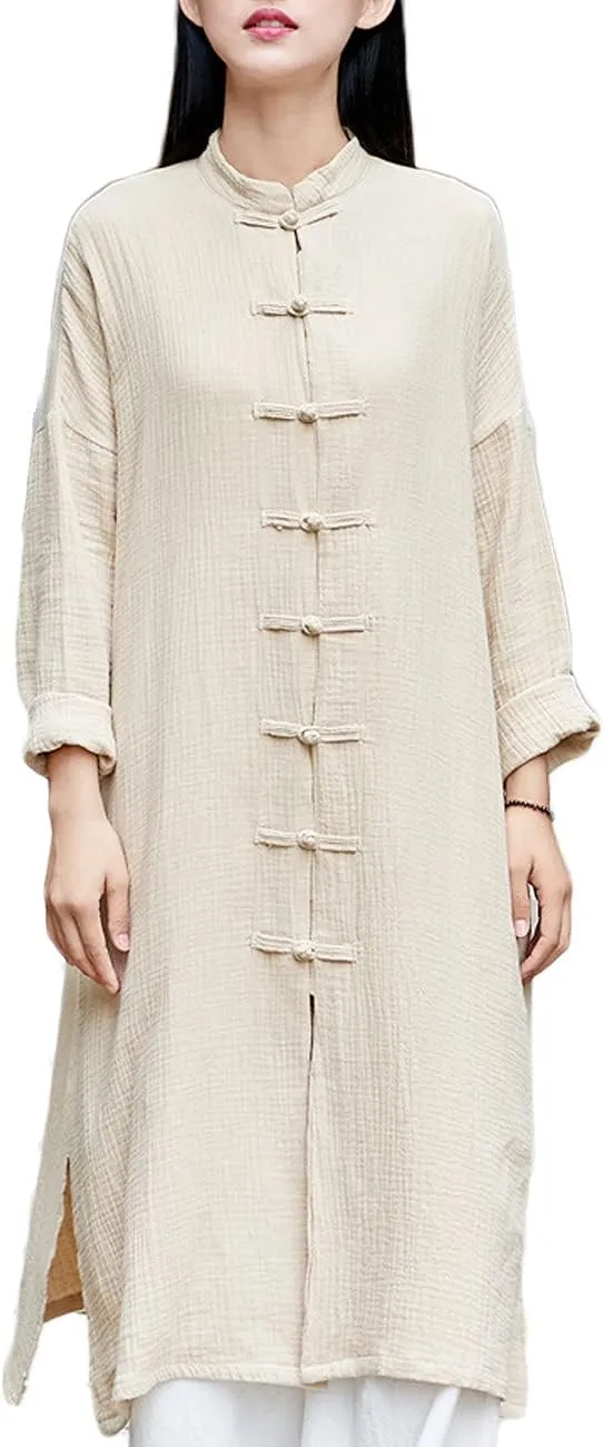 Women's Cotton Linen Long Loose Kimono Cardigans Coat Long Sleeve Full Front Chinese Frog Buttons Trench Jacket