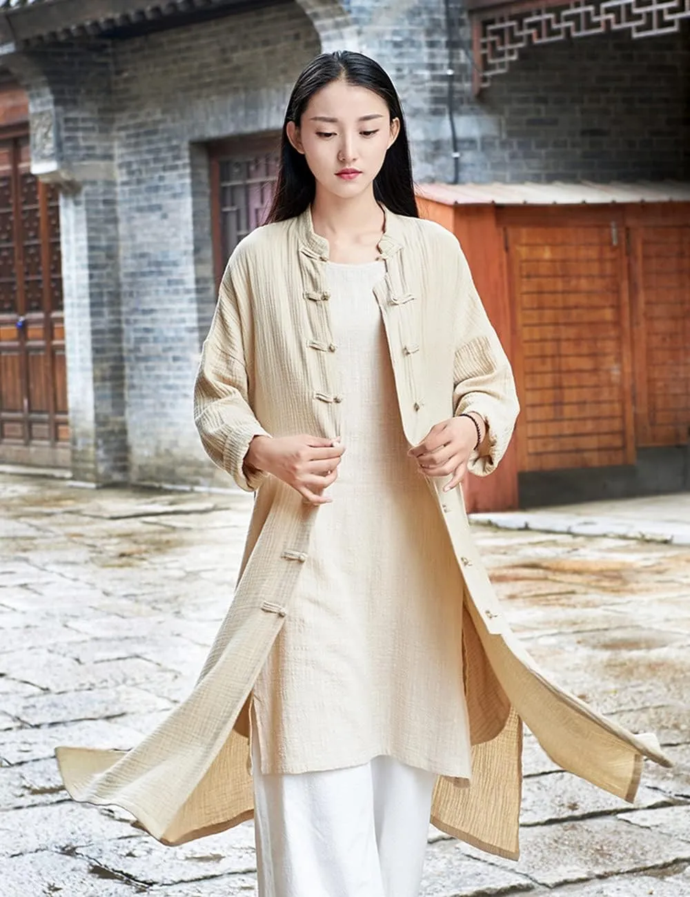 Women's Cotton Linen Long Loose Kimono Cardigans Coat Long Sleeve Full Front Chinese Frog Buttons Trench Jacket
