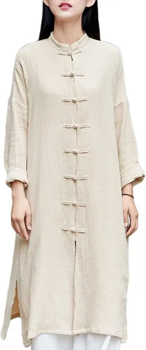Women's Cotton Linen Long Loose Kimono Cardigans Coat Long Sleeve Full Front Chinese Frog Buttons Trench Jacket