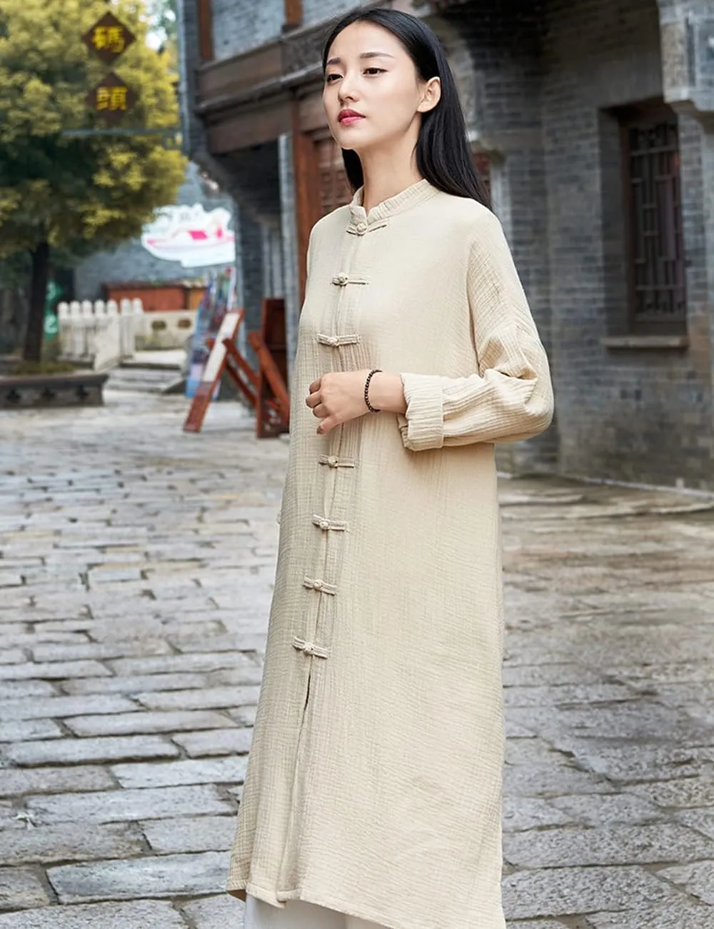 Women's Cotton Linen Long Loose Kimono Cardigans Coat Long Sleeve Full Front Chinese Frog Buttons Trench Jacket
