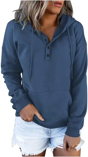 Women's Hoodies Button Collar Drawstring Sweatshirts Long Sleeve Pullover Tops Casual Loose Fall Blouses with Pockets