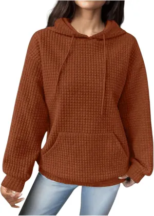 Womens Hoodies Casual Long Sleeve Waffle Knit Hooded Sweatshirts Solid Color Drawstring Pullover Sweaters Warm Tops