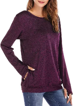 Womens Long Sleeve Round Neck Blouse With Pocket Quick-Dry Gym T Shirt For Legging Pullover Thumb Holes Tunic Tops