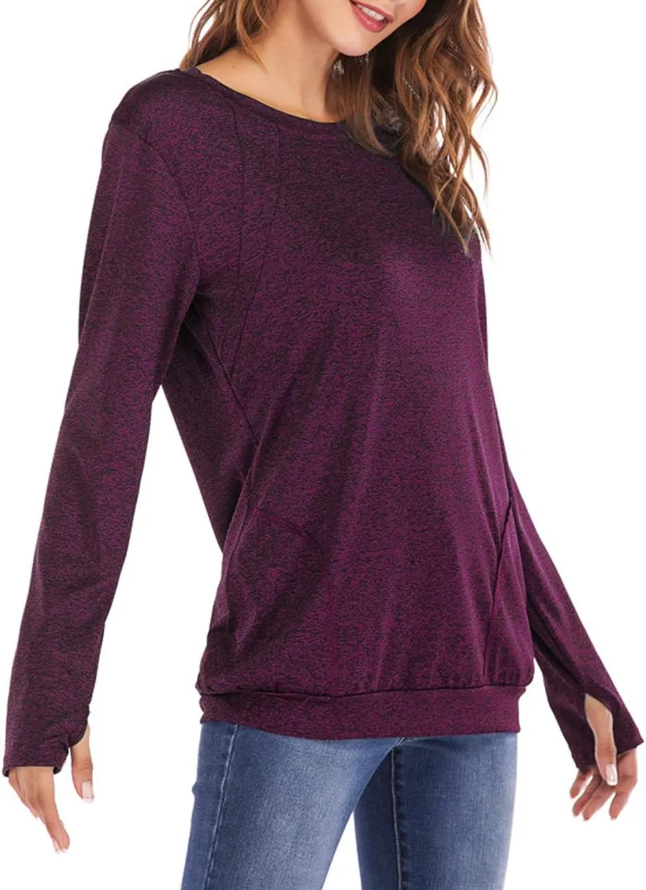 Womens Long Sleeve Round Neck Blouse With Pocket Quick-Dry Gym T Shirt For Legging Pullover Thumb Holes Tunic Tops