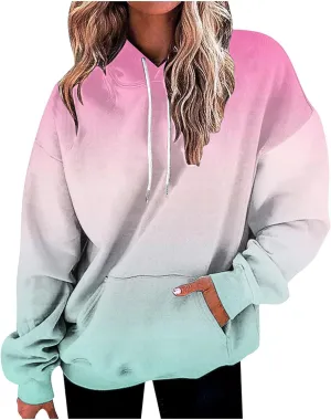 Women's Oversized Hoodies Plus Size Gradient Color Fall Tops Drawstring Trendy Pullover Tees Loose Preppy Clothes