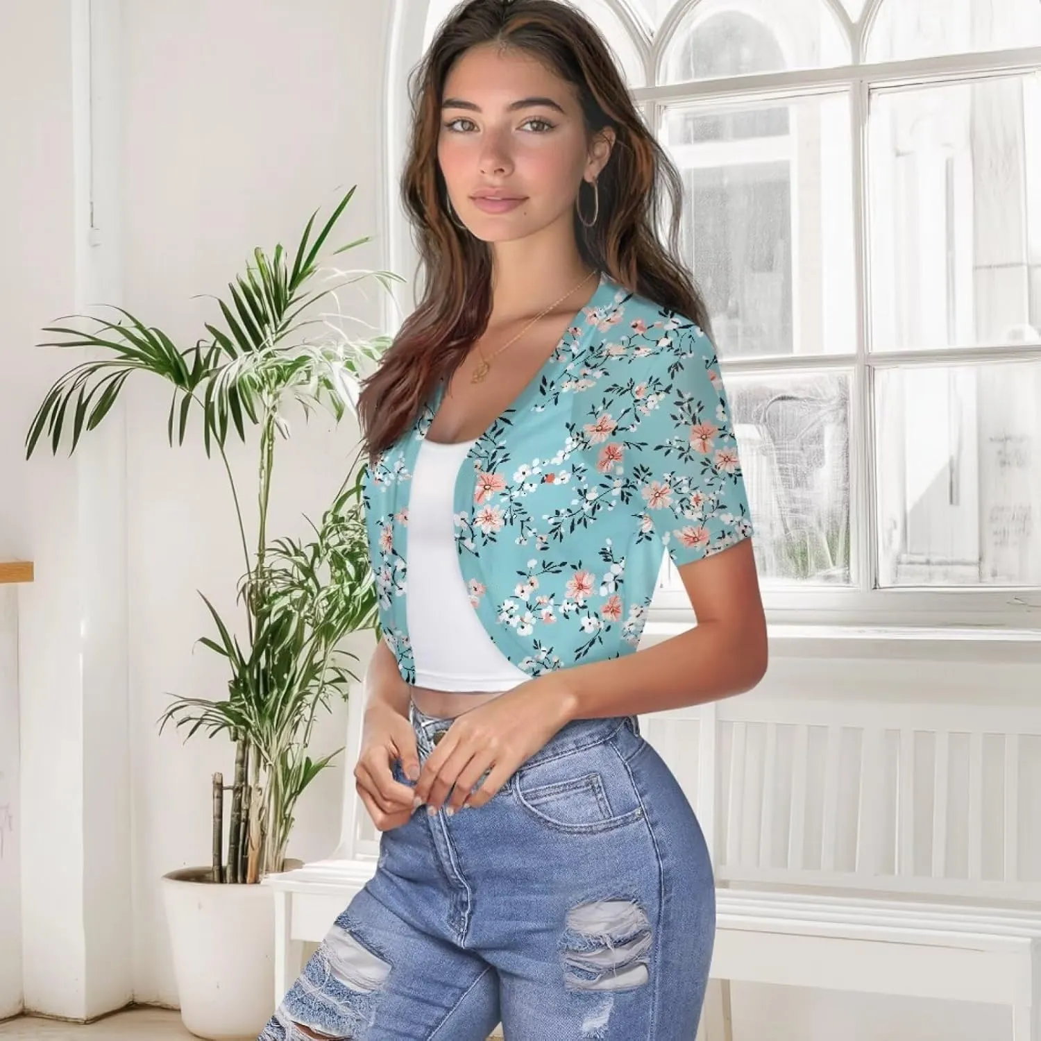 Womens Short Sleeve Cardigans Lightweight Summer Cardigan Trendy Bolero Shrug Cute Floral Cardigan Sheer Bolero