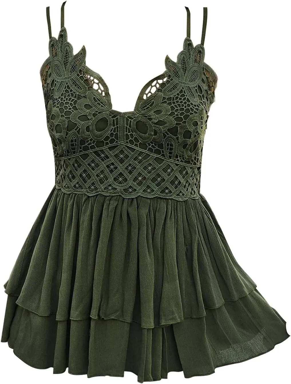 Women's Spaghetti Strap Blouse Cute Lace Summer Tops Sexy V Neck Pleated Sleeveless Beach Gauze Camisole Flowy Shirt