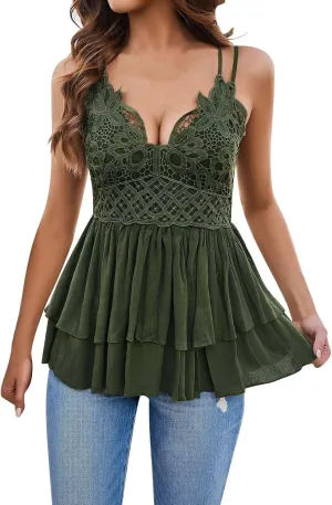 Women's Spaghetti Strap Blouse Cute Lace Summer Tops Sexy V Neck Pleated Sleeveless Beach Gauze Camisole Flowy Shirt