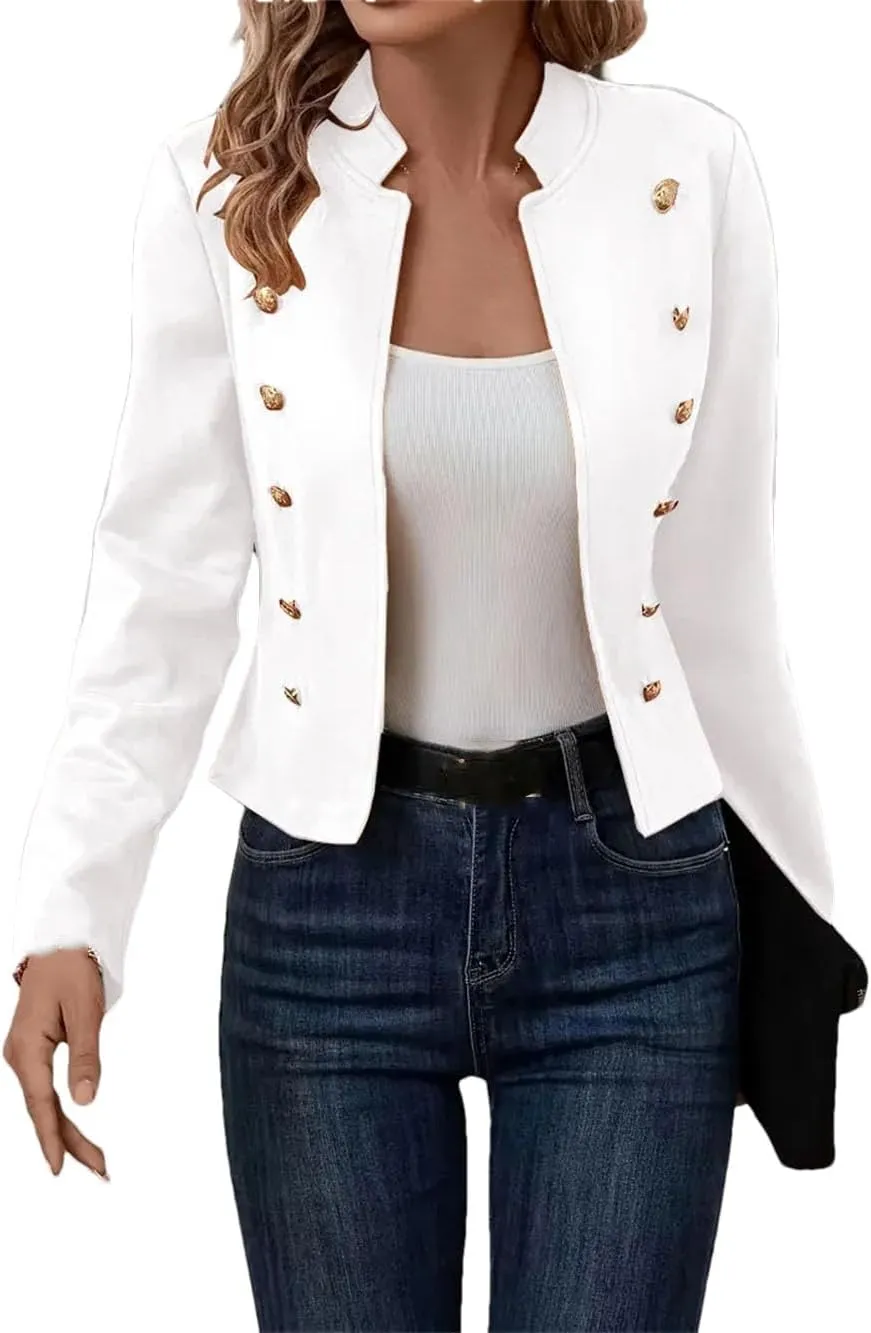 Women's Stand Collar Long Sleeve Double Breasted Short Suit Jacket Solid Color Business Suit Jacket