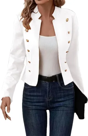 Women's Stand Collar Long Sleeve Double Breasted Short Suit Jacket Solid Color Business Suit Jacket