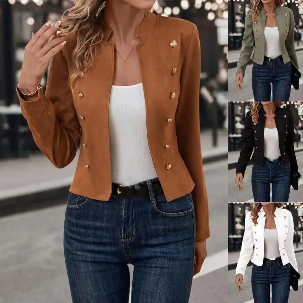 Women's Stand Collar Long Sleeve Double Breasted Short Suit Jacket Solid Color Business Suit Jacket