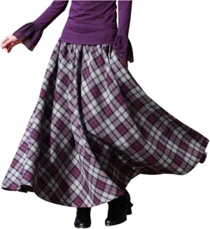 Women's Thick Vintage Plaid Pleated Skirt Autumn Winter Long Skirts