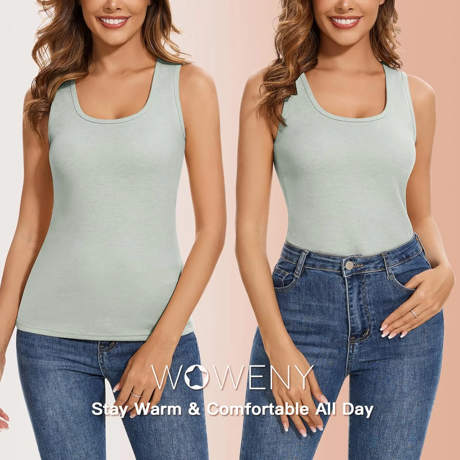 WOWENY Women Sleeveless Thermal Tank Top with Bulit-in Bra for Cold Weather Fleece Shirt Warm Camisole Base Layer Lingerie