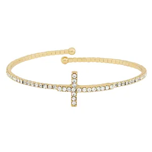 Yellow-tone Base Metal Round Crystal Cross Bangle Flexible Bracelet