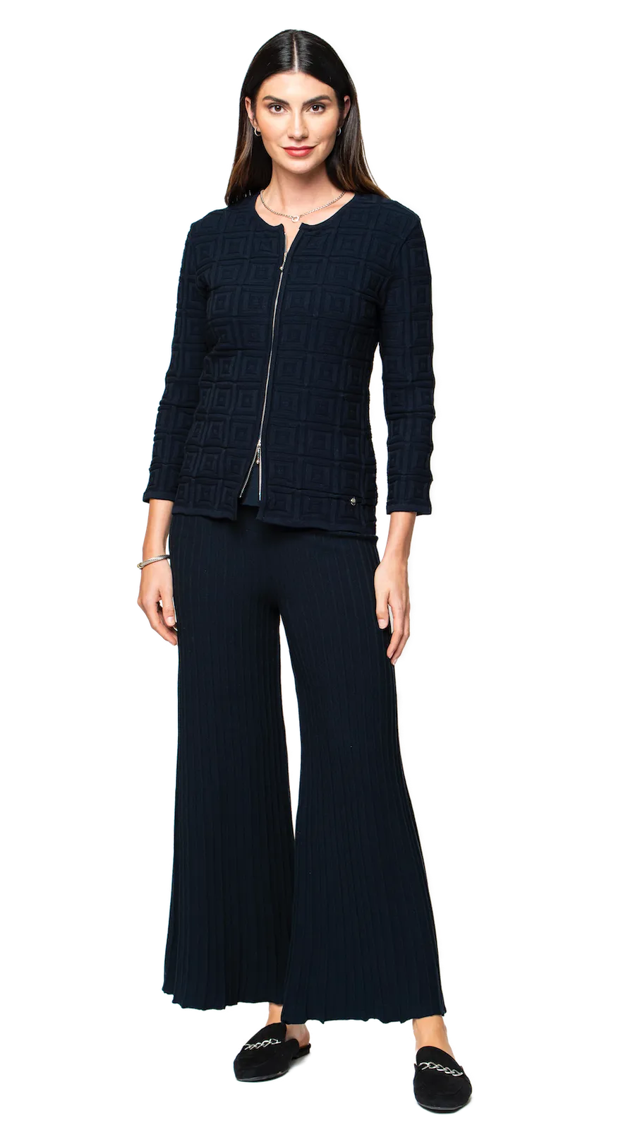 Zia Square-Detail Knit Jacket - Dark Navy