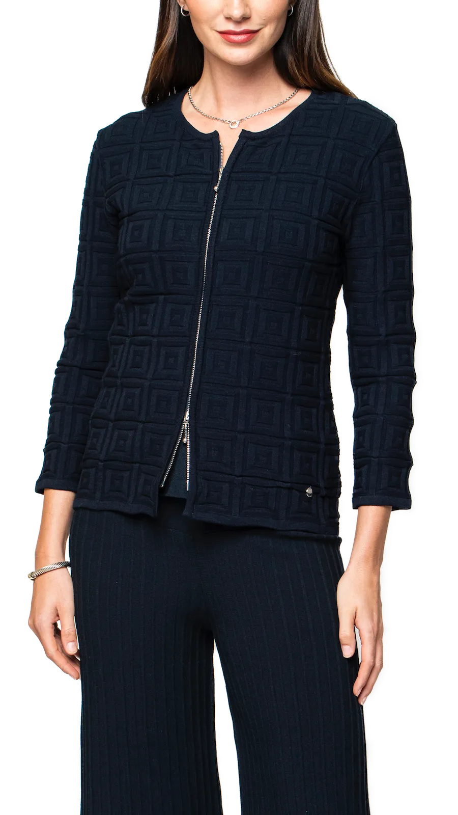 Zia Square-Detail Knit Jacket - Dark Navy